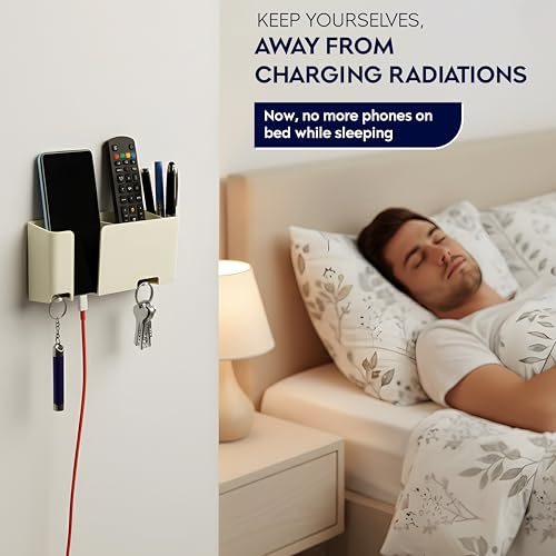 Image of Mobile & Remote Wall Holder | ABS Wall Mount Stand with 3 Compartments for Phone, Remotes & Pens | 2 Key Hooks | No-Drill Mount with Strong Double-Sided Sticker (Milky White)