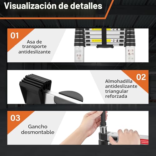 Miniatura 5 de Teeno Escalera Telescópica De Aluminio Extensible 6.2m, Escalera Plegable Telescópica, En131 Multiusos Portátil Extensible Con Barra Estabilizadora Y Ganchos Extraíbles Adecuado, Carga 150 Kg