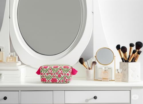 Block Print Designer Toiletry Bag & Makeup Case - Boho Floral Quilted Pouch for Cosmetics, Skincare - Waterproof Lined Organizer for Purse, Travel, Gift Large (9x7x4 inches) Multi 32