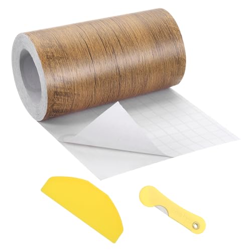 Image of uxcell 1 Roll Wood Grain Tape, 4.72 inch x33 Ft Realistic Textured Repair Tape Self Adhesive Wood Textured Patch with Tool for Floor Wall Door Table Cabinets Furniture Home Decor(Coffee Color)