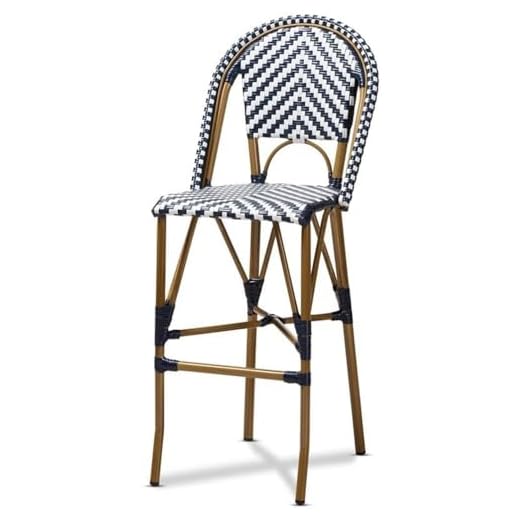 Baxton Studio Ilene Classic French Indoor and Outdoor White and Blue Bamboo Style Stackable Bistro Bar Stool