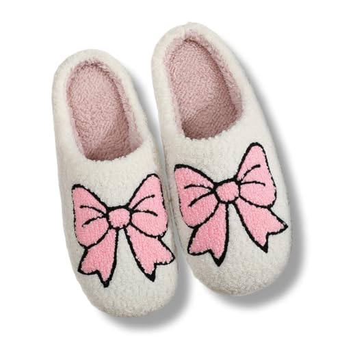 Valentines Bow Slippers for Women Cute Funny House Slides Fun Furry Plush Cozy Shoes Winter