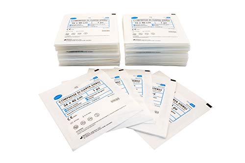 DEALFA Compresse di Garza Sterili - 36x40 cm - 100% Puro Cotone - per Medicazione, Cura e Pulizia Ferite - Monouso - Busta Singola da 1 Pezzo - Confezione da 100 Buste
