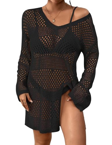 Bsubseach Long Sleeve Swimsuit Cover Up Sexy V-Neck Crochet Beach Cover Up High Side Slits Womens Bathing Suit Coverups Black