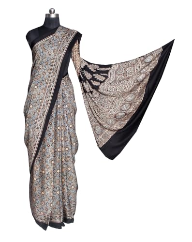 Image of Ethnics of Kutch Womenss Ajrakh Modal Silk Natural Dye Hand Block Print Saree with Blouse Piece - 5.5 Mtr Length