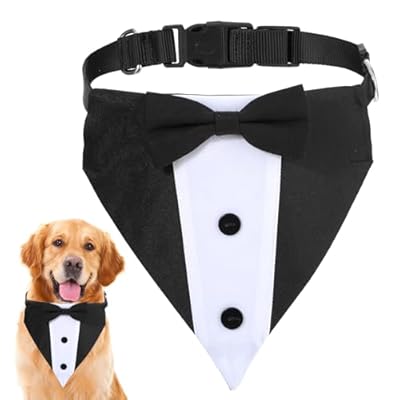 Adjustable Dog Tuxedo Formal Dog Wedding Outfit Bandana Dog Tux Black Dog Collar with Bow Tie, Dog Suit Costume for Small Large Dogs Wedding, Engagement, And Birthday (Large: Neck 15”-25”)