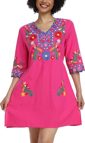 Image of YZXDORWJ Women Embroidered Mexican V Neck Floral Dress Long Sleeve Floral Traditional Bohemian Dress