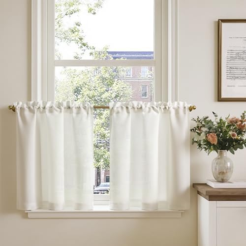 TOPICK Cortina de Cocina con Gasa Blanco con Bolsillo para Varilla Aspecto de Lino Translúcidas Aptas para Cortinas de Bistro Casa Campo Salón Ventanas Pequeñas Juego de 2 Unidades 63 x 60 cm