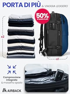 Airback Zaino Sottovuoto Viaggio con Pompa - 22-48L, con Borsa da Toilette, Zaino Bagaglio a Mano con Sottovuoto per Cabina, Zaino Viaggio Leggero, Espandibile, Comodo e Resistente All'acqua, Blu