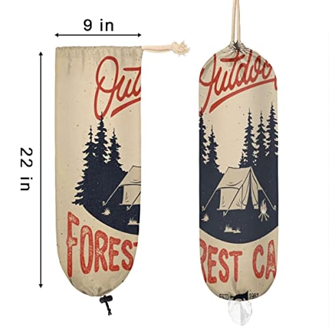 Outdoor Forest Camping Theme Plastic Bag Holder Cute Wall Mount Plastic Bag Organizer Reusable Large Grocery Bag Storage Dispenser for Home Kitchen Travelling 22x9