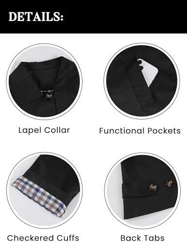 Dqbeng Womens Short Trench Jacket Plaid Lining Button Front Lightweight Classic Casual Outerwear with Pockets (Black-XL) - Thumbnail 7