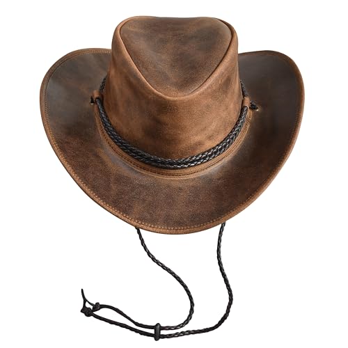 Image of Sidewinder Mens Cowboy Leather Hat Western Style Unisex Shapeable Outback Classic Braided Hatband