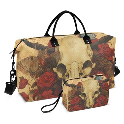 Large Travel Duffel Bag, Horn Skull Buttflies Rose Sports Tote Gym Bag, Shoulder Weekender Overnight Bag for Women Men, Carry On Luggage with Toiletry Bags