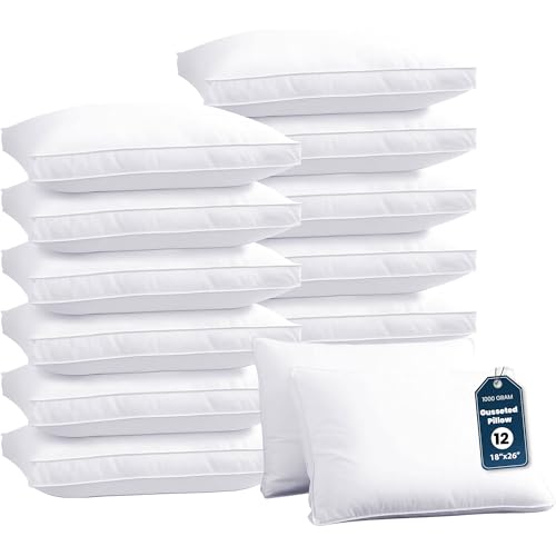 GOLD TEXTILES Bulk Pillows Queen Size Set of 12 (18x26 Inches) - Gusseted Hotel Bed Pillow Polycotton Fabric- Plush Fiber Filling for Back & Side Sleeper, Easy Care (White, Pack of 12-18x26)