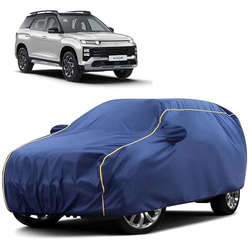 Image of Sulfar 100% Water Resistant Car Body Cover Compatible with Mirror for Hyundai Alcazar (Triple Stitched, Full Bottom Elastic, Blue Tafetta with Yellow Piping)