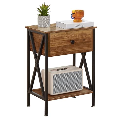 Image of VECELO Nightstand,Modern Bedside End Table, Night Stand with Drawer and Storage Shelf for Living Room Bedroom, Industrial Metal Frame