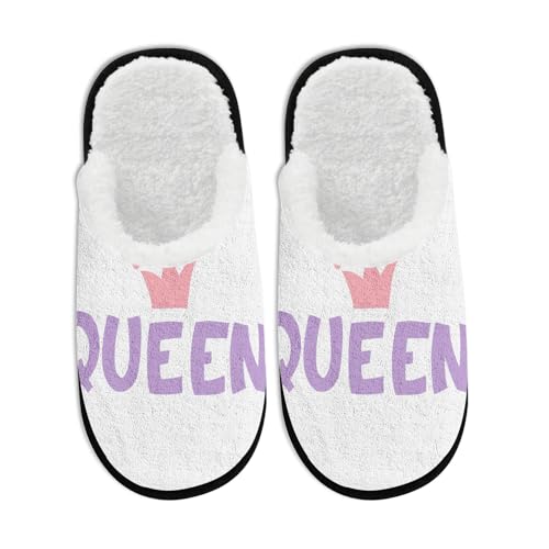 Fuzzy Travel Slippers for Women Men Indoor Outdoor Funny Queen - Themed Print Bedroom Fluffy Slipper Fleece-Lined Fall Winter Warm Cozy Soft Plush House Shoes Holiday Gifts