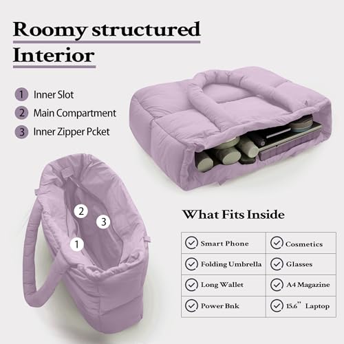 Image of Puffer Tote Bag for Women, Quilted Shoulder handbag for Travel, Work, Gym | nylon lightweight bag, waterproof, cloudy, zipper, compartments, nurse bag, adjustable crossbody strap