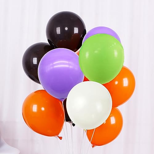 Image of 100pcs Halloween Balloons w /Ribbon 12 Inch for Halloween Party Decorations | Black Orange White Purple Green Balloons for Halloween Party Decorations