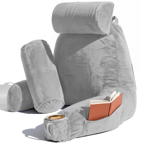 Image of Nestl Reading Pillow with Shredded Memory Foam Includes 2 Neck and Lumber Support Pillows, Designed for Sitting Up in Bed and Couch, Back and Arms Adjustable Support for Adult & Teens, Light Grey