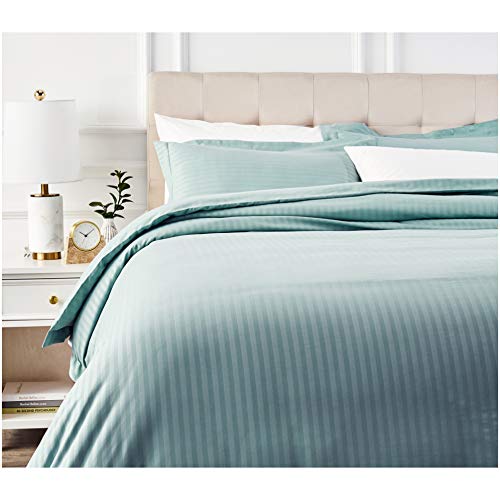 Amazon Basics Microfiber 3 Piece Duvet Cover Set, Full/Queen, Spa Blue, Striped