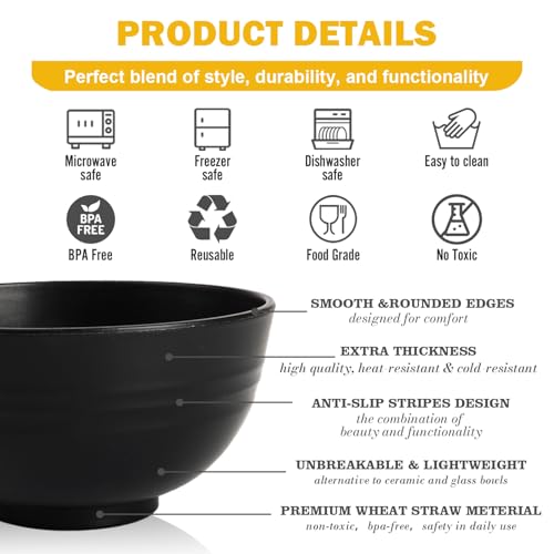 Image of Wheat Straw Small Bowls Set of 6, Unbreakable 10 OZ Mini Dessert Bowls, Snack Bowl for Kitchen, Picnic, Microwave & Dishwasher Safe Bowl Set for Ice Cream, Fruits, Appetizer, Black