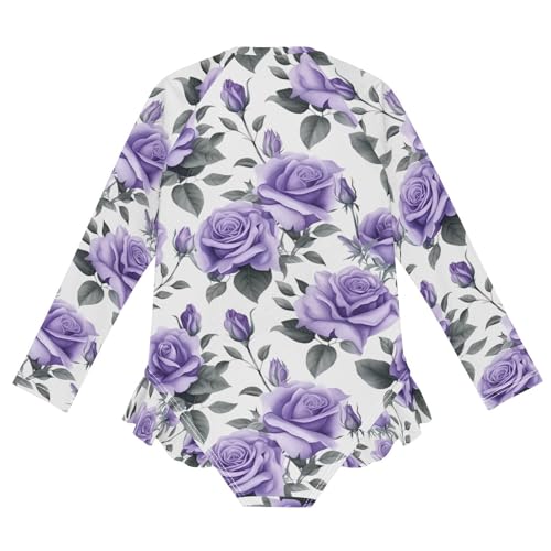 Girls One Piece Swimsuits Long Sleeve Swimsuit Zipper Bathing Suits Purple Rose Flower2