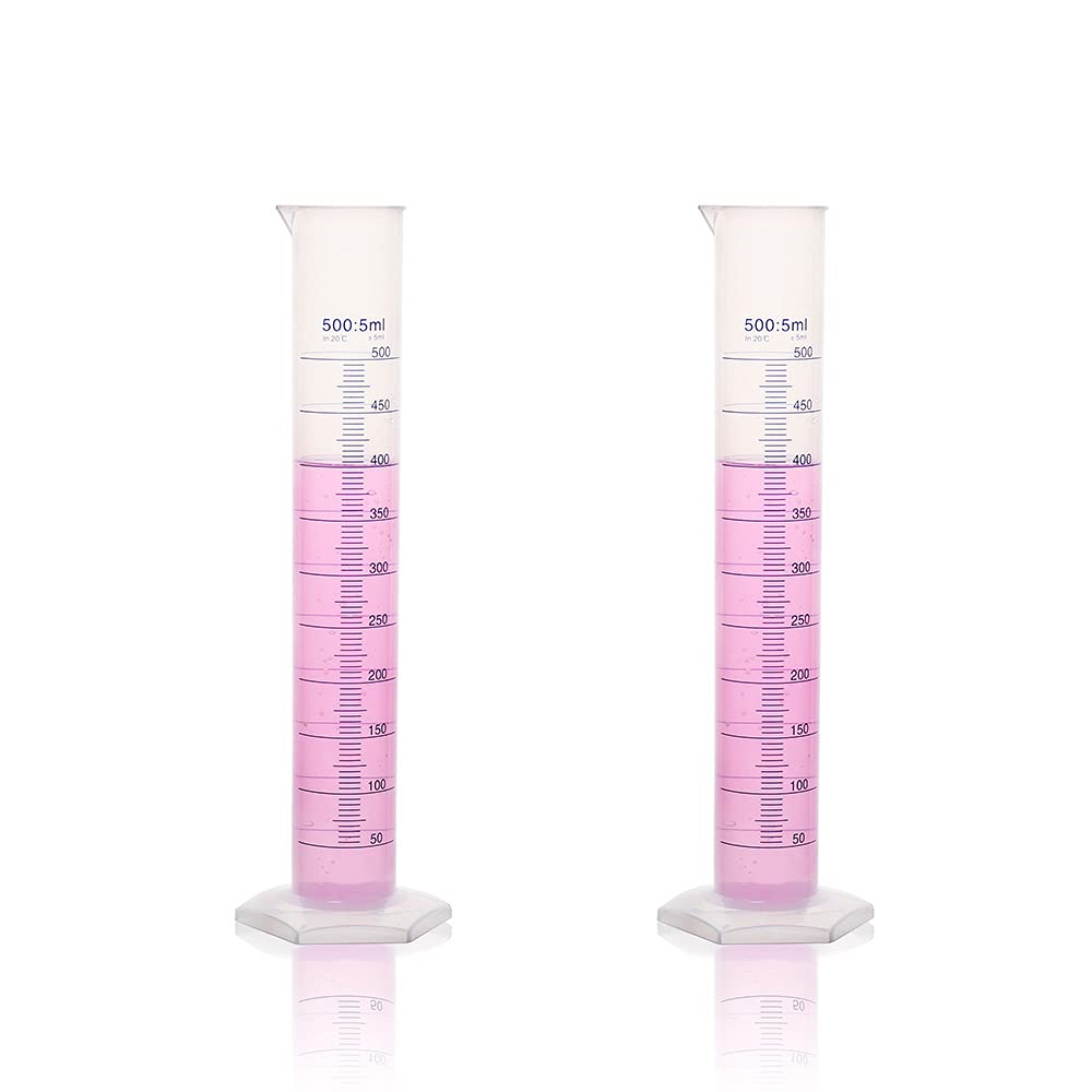 2pcs of Plastic Measuring Cylinders, Vol.500ml, PP Material with Blue Printed Graduation, LVF001