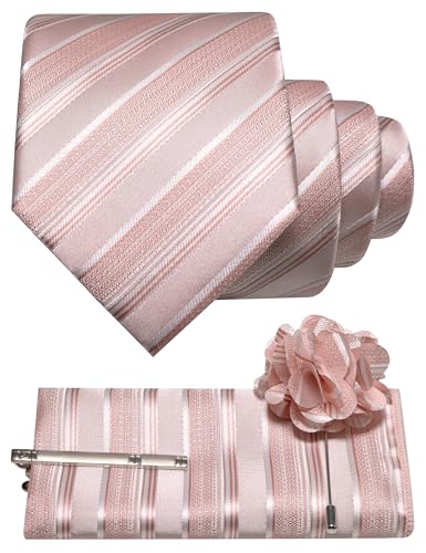 RBOCOTT Mens Rose Gold Stripe Tie Woven Necktie Pocket Square and Lapel Pin with Tie Clip Set for Business(18)