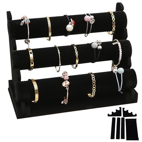 WEGREAT Présentoir à bracelets en velours avec 3 étages amovibles : présentoir noir pour bracelets et bijoux pour femmes et filles, porte-bijoux en...