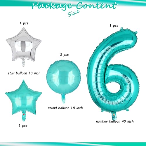 Image of Teal Blue Number 6 Balloons 40 Inch Mermaid 6th Birthday Theme 5 Pcs | Big Helium Mylar Digital Balloon Anniversary Wedding Party Decor Supplies