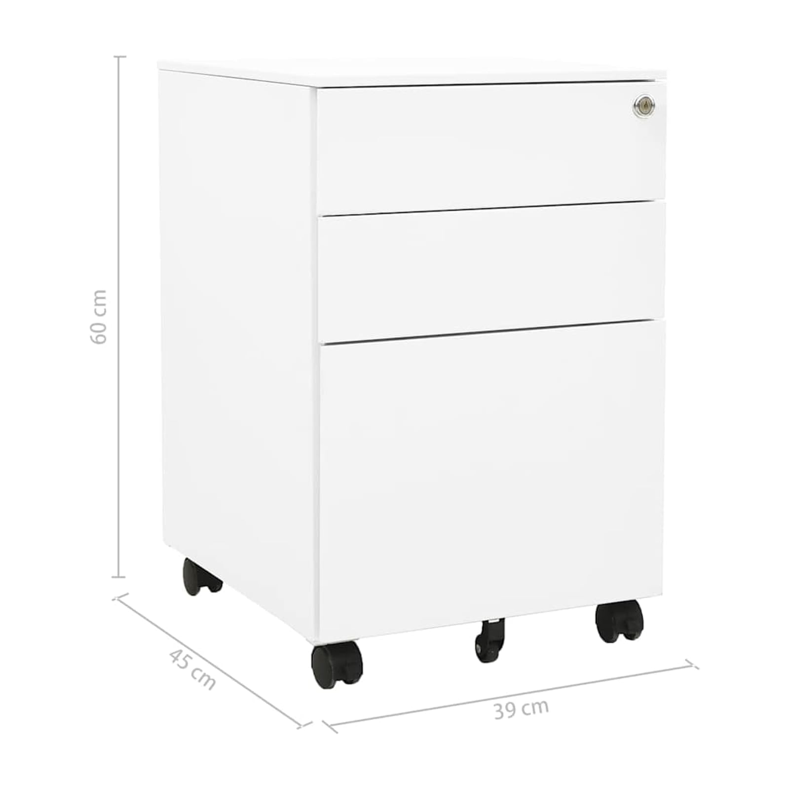 Armadietto per documenti su ruote, 39 x 45 x 60 cm, in acciaio bianco, con 3 cassetti completamente estraibili, compatibile con A4/legale, organizzazione ufficio