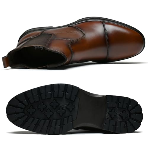 Image of Holy dove Men's Chelsea Boots, Cap Toe Slip On Coffee Brown Leather Ankle Dress Boot Mid-Top Stylish Casual Shoes for Men