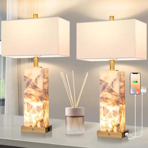 25.6' Alabaster Lamp, Marble Lamp Nightstand Lamps Set of 2, Table Lamps for Living Room Bedroom...