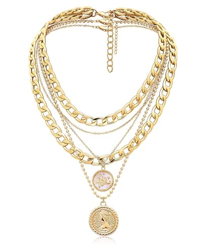 MJartoria Gold Layered Necklaces for Women Trendy Retro Coin Pendant Necklace Dainty Chunky Chain Choker Necklaces for Jewelry Birthday Gifts (Gold Zodiac-Scorpio-3PCS Layered)