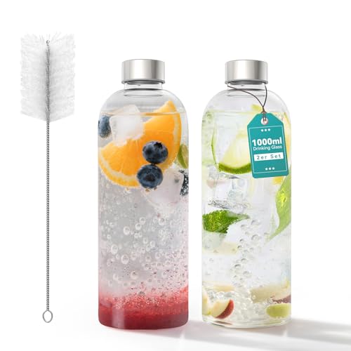ACXIN 2er Set Glas Trinkflaschen 1000ml aus Borosilikatglas Wasserflaschen mit Edelstahldeckel & Reinigungsbürste spülmaschinenfest, hitzebeständig & auslaufsicher für Büro & Zuhause