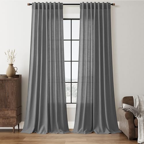 Nanspring Extra Long Linen Curtains 108 Inch Length for Living Room 2 Panels Set Back Tab Neutral Privacy Drapes Semi Sheer Light Filtering for Bedroom Boho Floor to Ceiling Blazer Grey W50 x L108