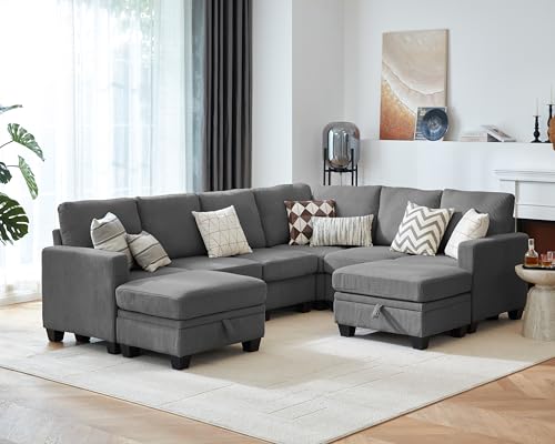 Image of CHIC HOUSE Modular Corner Sectional Sofa with Storage Ottoman, Corduroy L-Shaped Couch, Compact Small Space Furniture for Living Room & Apartment, (Dark Grey, 8 Seater L-Shaped)