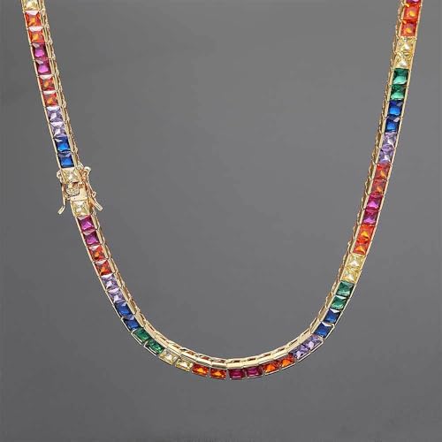 Rainbow Gemstone Tennis Chain Necklace for Men Women Hip Hop Jewelry Gift Gold Silver 16 18 20 22 24 Inches 4mm Colorful Square Zirconia Tennis Chain3
