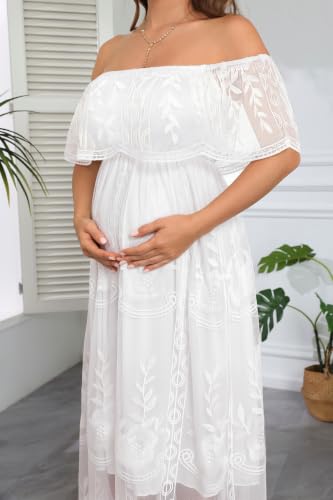 Image of Women's Off Shoulder Maternity Dress Swiss Dot Boho Baby Shower Dress | Swiss dot chiffon fabric,off shoulder boho design,maternity baby shower dress style