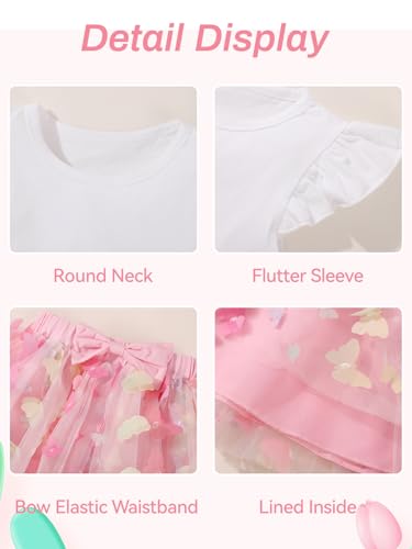 Image of Girls Tulle Skirt Set Kid Toddler Girl 2 Piece Outfits Ruffle Sleeve T-Shirt Bowknot Tutu Dress Birthday Party Outfit
