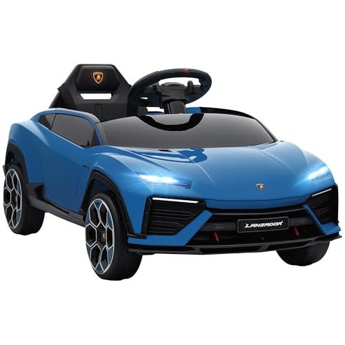 AIYAPLAY Coche Eléctrico para Niños de +3 Años, Lamborghini, Coche de Batería 12V, con Mando a Distancia 2,4 G, Motor Doble, Ruedas con Suspensión, Faros, Música, USB, Azul