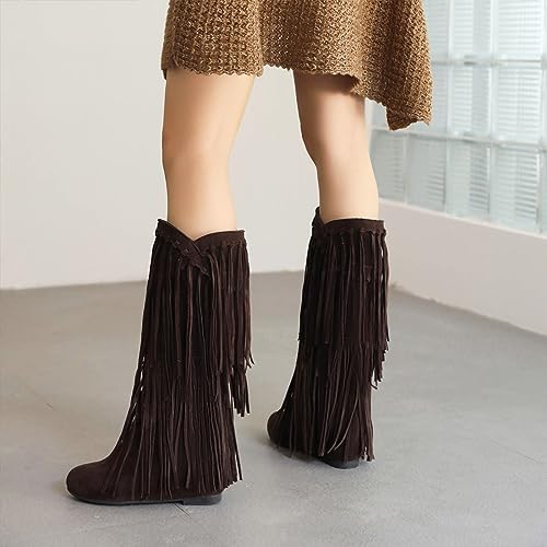Optigard Women's Suede Plush Fringe Mid Calf Boots,Fashion Round Toe Pull On Retro Knee High Low Heel Dress Cowgirl Boots4