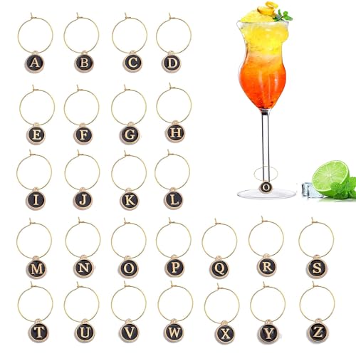 MOSNLEILA Wine Glass Charms Stem Glass Markers & Identifiers - Funny Drink Name Tags for Christmas and Party Decorations - Black Letters Themed Set of 26