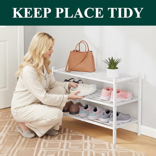 Image of Smiry Bamboo Shoe Rack, 5 Horizontal Slats, 3 Tier - 26.8 inch Wide, White