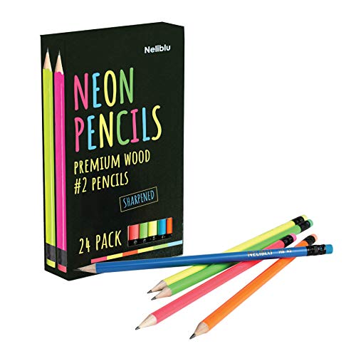 Neliblu Cool Neon Pencils - Number 2 HB Pre-Sharpened Non-Toxic Wood Pencils for Kids and Adults with Latex Free Erasers - 24 Pack of Assorted Colorful Pencils - Thumbnail 2