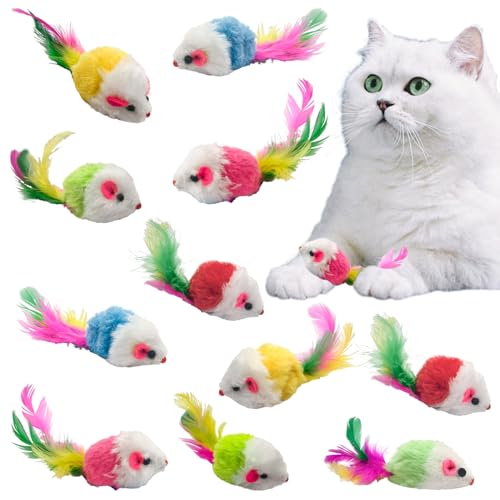 Andiker Lot de 12 jouets en peluche pour chat d'intérieur - 8,3 cm - Multicolore - Avec plumes - Jouet pour chat - Souris - Jouet pour attraper les chats (couleurs aléatoires)