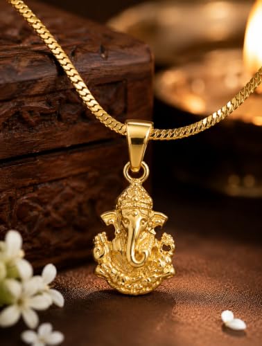 Image of Handikraft Kottage Ganesh ji Pendant With One Gram Micro Gold Plated Brass Pendant Chain for Men, Women & Kids Traditional Jewellery Ganpati Necklace for Daily Wear, Festival & Gifting
