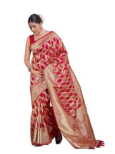 Image of MANOHARI Women's Trendy Banarasi Satin Silk Woven Saree with Heavy Jacquard Work, Elegant Design with Matching Lace Border Unstitched Blouse Piece for Weddings & Festive Occasions