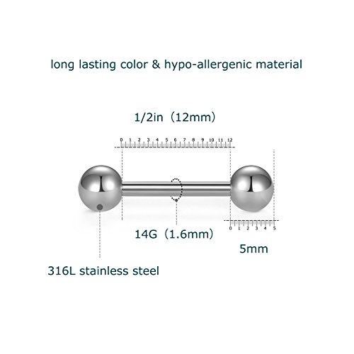 VCMART 14G Tongue Rings Nipple Straight Barbells Surgical Steel Body Piercing Jewelry 12mm3